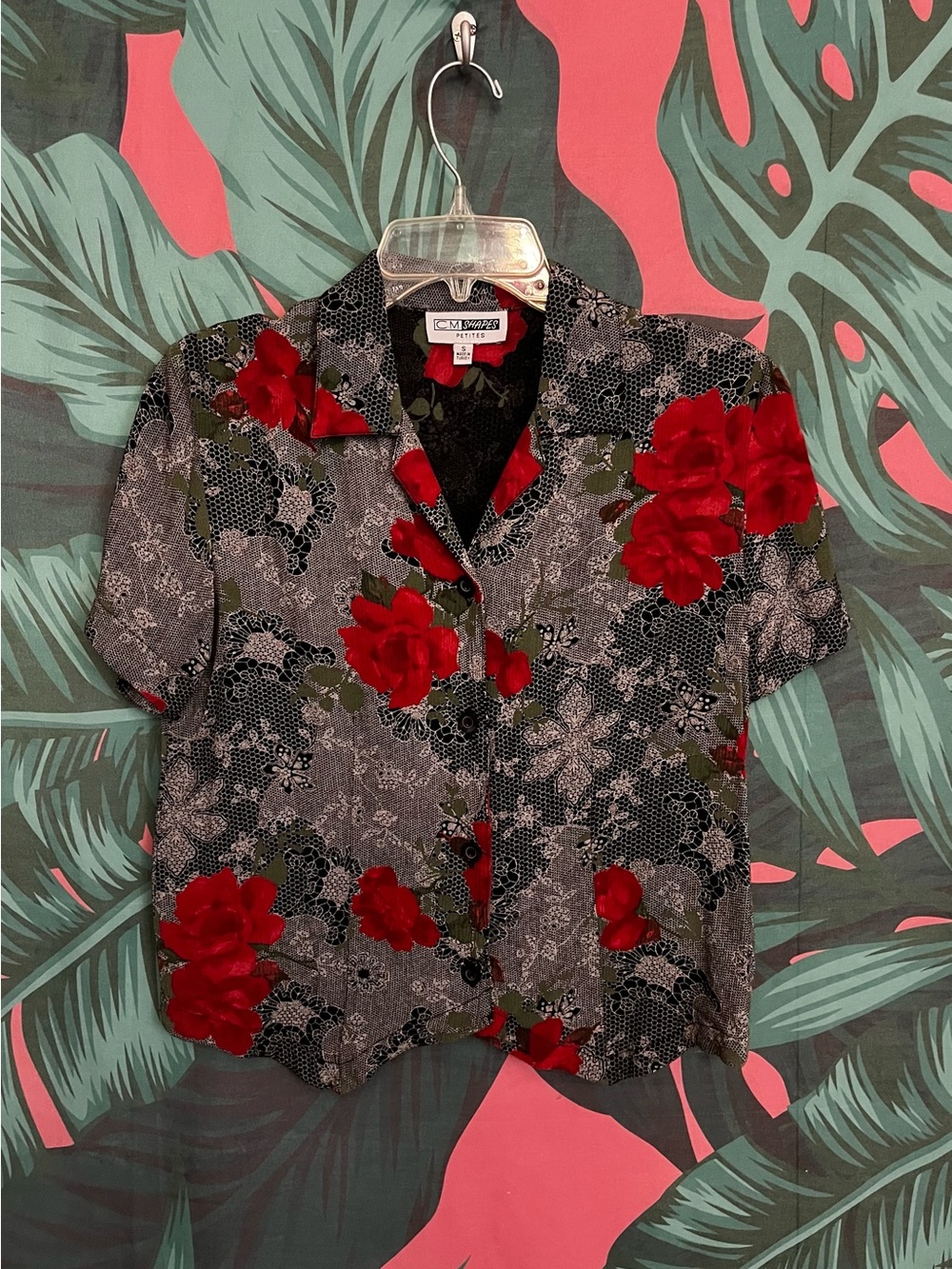 Floral Short-Sleeve Button Front Blouse in Black with Red Roses